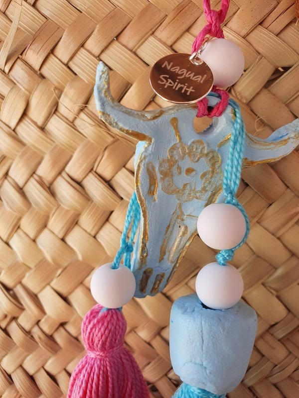 Boho Tassel "Bullenkopf", hellblau/pink, handmade